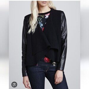 TED BAKER | Leather trim jacket blazer cardigan 100% wool black purple sz XS